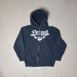 Vintage Y2K 'Dragon' skate/snowboarding faded/distressed black full-zip hoodie S